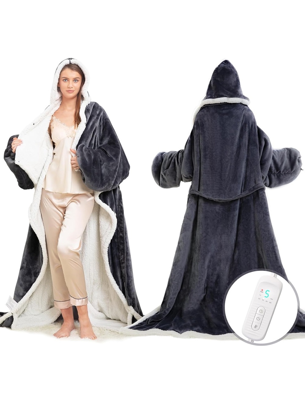 Plush Hooded Wearable Blanket - Dark Gray with White Sherpa